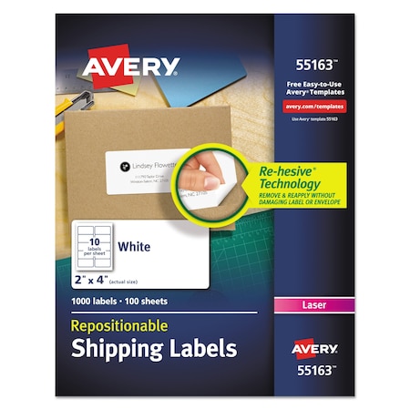 Avery Repositionable Shipping Labels, Inkjet/Laser, 2x4, White, PK1000 55163